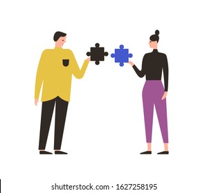 Cartoon Male And Female With Mismatch Puzzle Vector Flat Illustration. People Assembling Wrong Jigsaw Isolated On White. Concept Of Marriage Problem, Divorce And Couple Relationship Therapy