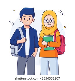 Cartoon male and female muslim student illustration