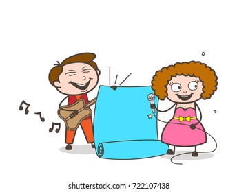 Cartoon Male and Female Singers with Parchment Banner Vector