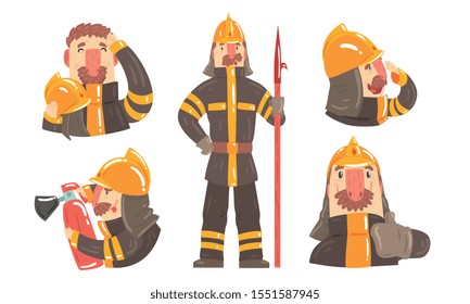 Cartoon Male Fireman Character In Different Actions With Tools Illustration Set Isolated On White Background
