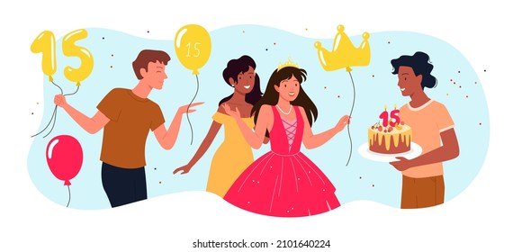 Cartoon male friend greeting, giving surprise gift cake and balloons to excited pretty girl in princess dress and tiara. Quinceanera concept. Birthday party with happy teenagers