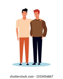 cartoon male friends standing over white background, colorful design. vector illustration