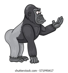 Cartoon male of gorilla in perplexity is looking at his open  palm. Various objects can be placed on it as needed