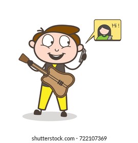 Cartoon Male Guitarist Chatting on Mobile Vector