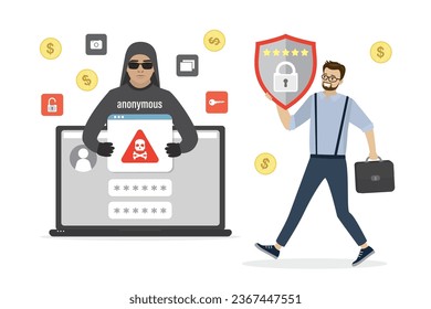 Cartoon male hacker in mask installs malware on laptop. System administrator carries effective antivirus. Online virus attack, scam alert. Network piracy danger, data protection. Vector illustration