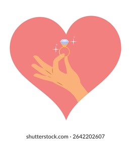 Cartoon of a male hand holding a diamond ring with a pink heart on background. Vector illustration for romantic, proposal and engagement design