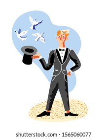 Cartoon male illusionist showman character in black tailcoat making tricks with hat and pigeons standing isolated on white. Circus poster with man magician. Magic show performance. Vector illustration