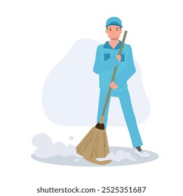 Desenhista Masculino Janitor em Blue Uniform Sweeping Floor com Vassoura. Limpando a ilustração do trabalhador