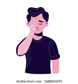 Cartoon male making gesture face palm in complete disappointment and disbelief isolated on white. Meme of male closed facial by hand having stressed and shock expression vector graphic illustration