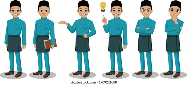 Cartoon Male Malaysian Character. Man In Baju Melayu With Different Poses And Actions.