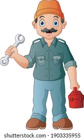 Cartoon a male mechanic holding wrench and tool box
