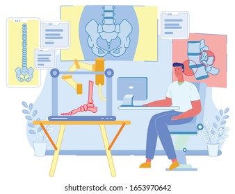 Cartoon Male Medical Scientist Character Printing Foot On 3D Printer In Research Laboratory. Innovative Smart Medicine Of Future. Bioprinting Additive Technology. Vector Flat Illustration