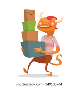 Cartoon male monster with orange skin and horns walking and holding many box with goods that he bought recently. He carrying it to his home to his family, vector illustration