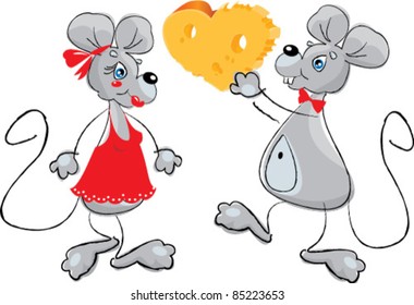 cartoon of a Male Mouse Giving a Female Mouse a Heart - shaped Cheese