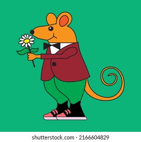 Cartoon male mouse in a suit holding a daisy flower, vector illustration