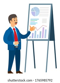 Cartoon male with moustaches pointing on board with graphs and charts, isolated billboard with financial data information. Bank worker analyzing sales, business education