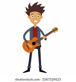 a cartoon male musician with a guitar. Suitable for children's books, sticker,t shirt design, mascot, logo. Isolated on white background. Front view. Vector illustration. 