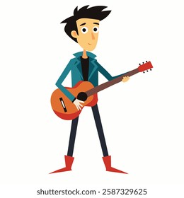 a cartoon male musician with a guitar. Suitable for children's books, sticker,t shirt design, mascot, logo. Isolated on white background. Front view. Vector illustration. 