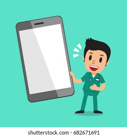Cartoon male nurse and big smartphone