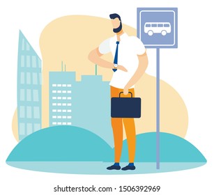 Cartoon Male Office Worker with Briefcase in Suit Standing at City Bus Stop and Waiting for Public Transport. Man Looking at Wrist Watch. Vector Flat Cityscape with High Buildings Cutout Illustration