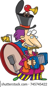 cartoon male one man band with all sorts of instruments