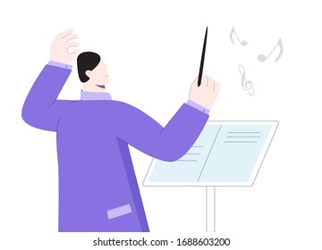 Cartoon male orchestra director vector flat illustration. Colorful man conductor classical music maestro gesturing in front of musical notes book isolated on white background