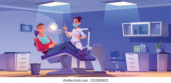 Cartoon Male Patient Visiting Female Dentist. Doctor In Medical Mask Examining Young Man's Teeth In Hospital Chair. Stomatology, Dental Health Care Services. Clinic Interior Vector Illustration