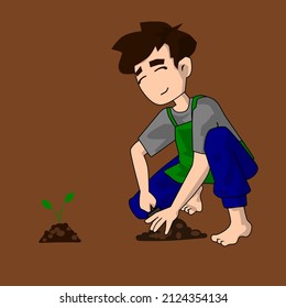 a cartoon male person is digging the soil for planting the green plant vector