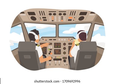Cartoon male pilot cockpit plane with control board vector graphic illustration. Back view airplane captain command of aircraft. Two aviation crew worker at cabin during flight in sky