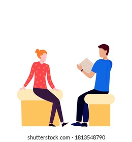 Cartoon male psychologist consultation medical design. The psychiatrist consults the girl. Meeting with a medical practitioner. Medical advice. Flat vector illustration.