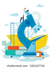 Cartoon Male Researcher Character Working with Huge Microscope at Smart Medical Laboratory. New Drugs Preparation, Testing Alternative Treatment Method. Medicine and Pharmacy. Vector Illustration