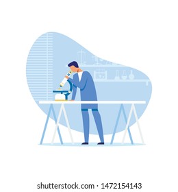 Cartoon Male Scientist Doing Research Work. Man Researcher Using Microscope for Examining New Drugs Composition under Zoom. Flat Vector Chemical Pharmaceutical Laboratory Cutout Illustration