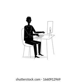 Cartoon Male Silhouette. White Line. Businessman Pose Work on computer