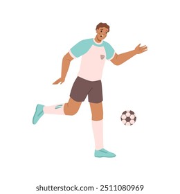 Jugador de fútbol masculino de dibujos animados va a patear un balón. Ilustración vectorial de hombre deportivo jugando fútbol golpeando la bola aislada en blanco. Chico activo persona pateando, juego de fútbol