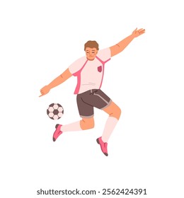 Cartoon male soccer player going to kick ball from back side. Vector active guy person kicking, football game playing athlete in uniform. Illustration of sportive man playing football hitting ball