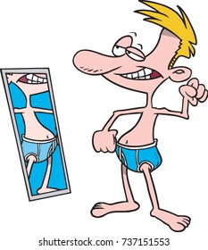 cartoon male standing in his underwear admiring himself in the mirror