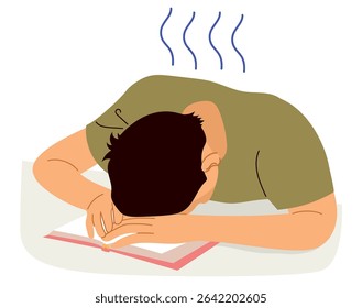 Cartoon of a male student overwhelmed with an open book, clearly tired, exhausted and frustrated vector illustration. Drawing for academic burnout, school stress and learning themes