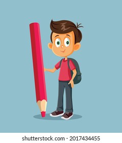 Cartoon Male Student Standing Near a Giant Pencil. Smart kid taking lessons in creative writing at school 
