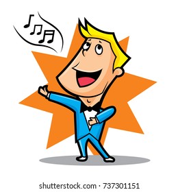 Cartoon Male superstar singer performing with star background, vector isolated - vector