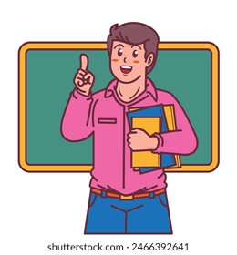 Cartoon male teacher carrying a book, and a blackboard behind him