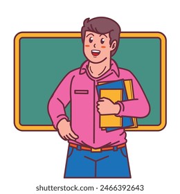 Cartoon male teacher carrying a book, and a blackboard behind him