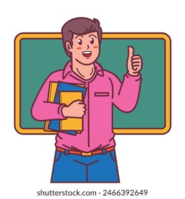 Cartoon male teacher carrying a book, and a blackboard behind him