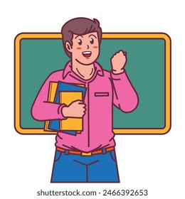 Cartoon male teacher carrying a book, and a blackboard behind him