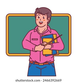 Cartoon male teacher carrying a book, and a blackboard behind him
