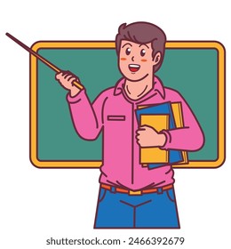 Cartoon male teacher carrying a book, and a blackboard behind him