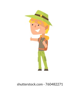 Cartoon male traveler hitchhiker with hat and backpack, man trying to stop a car on a highway by hand, travelling by autostop vector Illustration