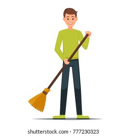 Cartoon Male vector character with a besom. Cleaner boy is holding a broom.Cleaner roads, streets, and parks in working  clothes with a broom in hand.Cleaning concept.