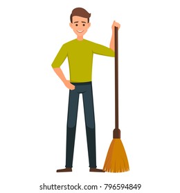 Cartoon Male vector character with a broom. Cleaner boy is holding a besom.Cleaner roads, streets, and parks in working  clothes with a broom in hand.Cleaning concept