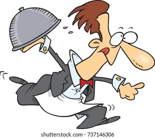 cartoon male waiter rushing with a plate of food