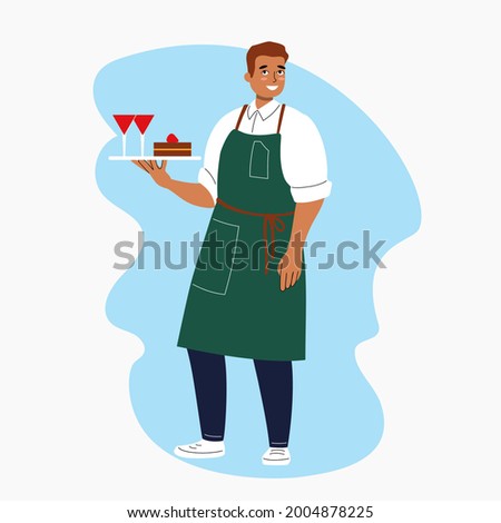 Cartoon male waiter stands with a tray on his hand. Handsome smiling man character in uniform. Restaurant or coffee shop staff. Isolated on white, flat vector illustration. 